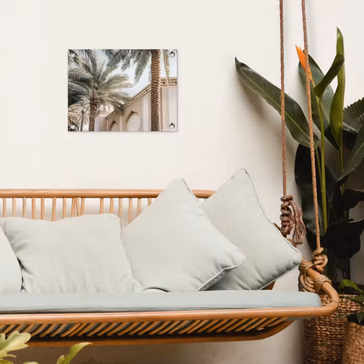 Gebouw - Palmbomen - Beige - Zon tuinposter los doek klein -sfeer7