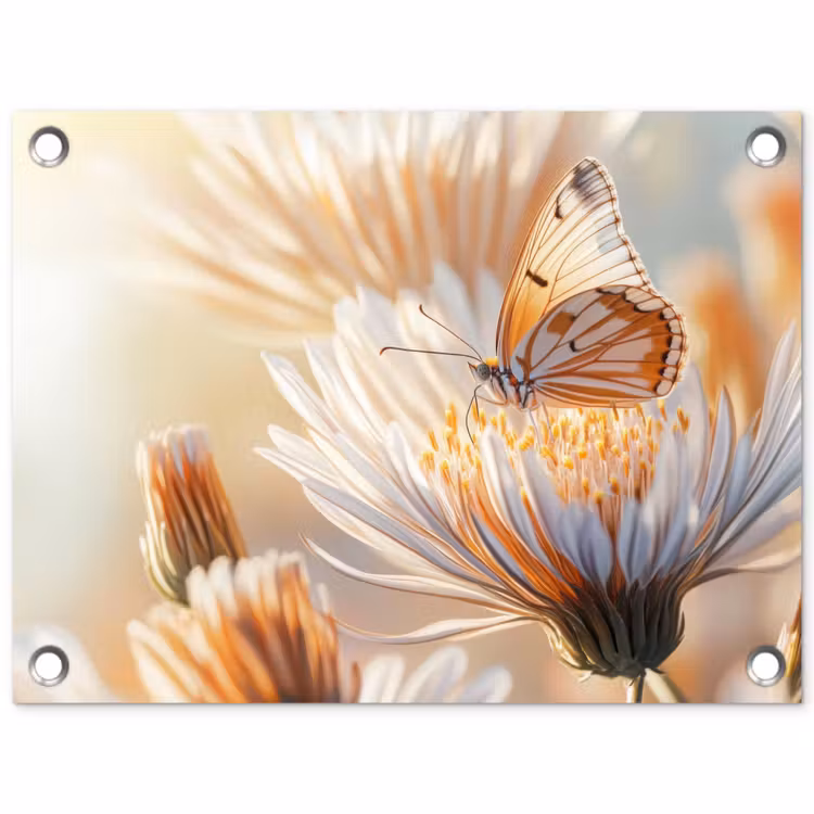 Vlinder - Bloem - Oranje tuinposter los doek klein -3d