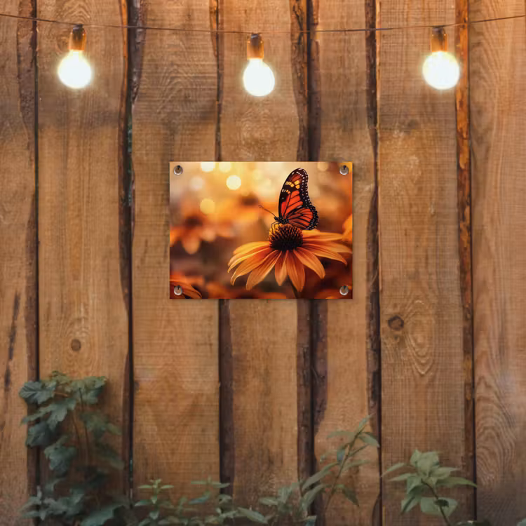 Vlinder - Bloemen - Oranje tuinposter los doek klein -sfeer1
