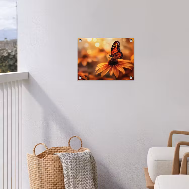 Vlinder - Bloemen - Oranje tuinposter los doek klein -sfeer8