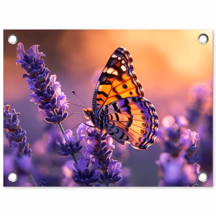 Vlinder op lavendel bij zonsondergang tuinposter los doek klein -3d