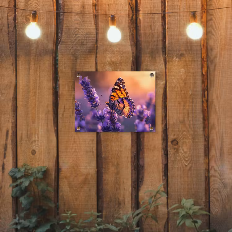 Vlinder op lavendel bij zonsondergang tuinposter los doek klein -sfeer1