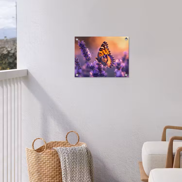 Vlinder op lavendel bij zonsondergang tuinposter los doek klein -sfeer8