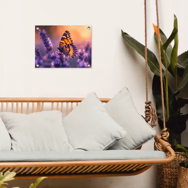 Vlinder op lavendel bij zonsondergang tuinposter los doek klein -sfeer7