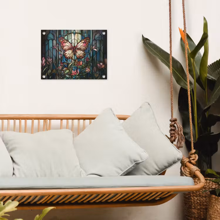 Vlinder - Roze - Bloemen - Bladeren tuinposter los doek klein -sfeer7