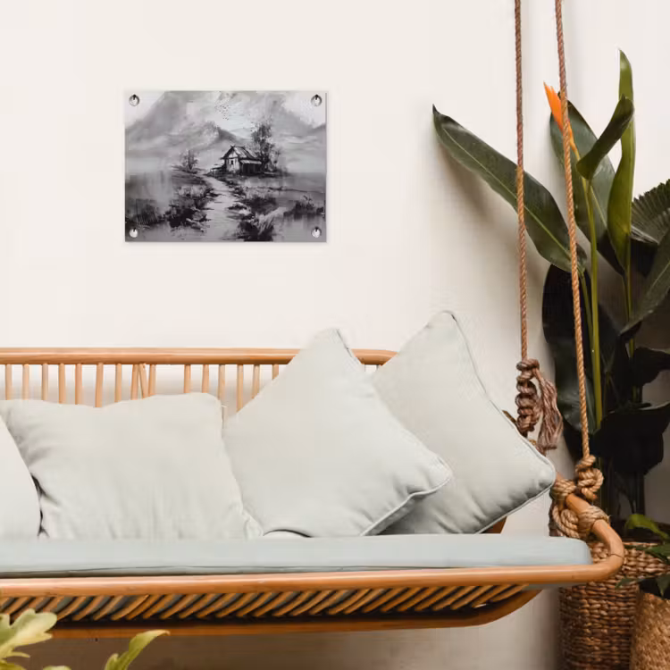 Hut - Grijs - Bergen - Mistig tuinposter los doek klein -sfeer7