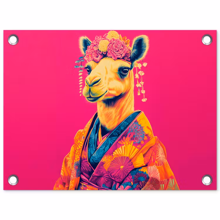 Kameel - Bloemen - Kimono - Waaiers tuinposter los doek klein -3d