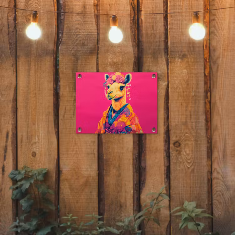 Kameel - Bloemen - Kimono - Waaiers tuinposter los doek klein -sfeer1