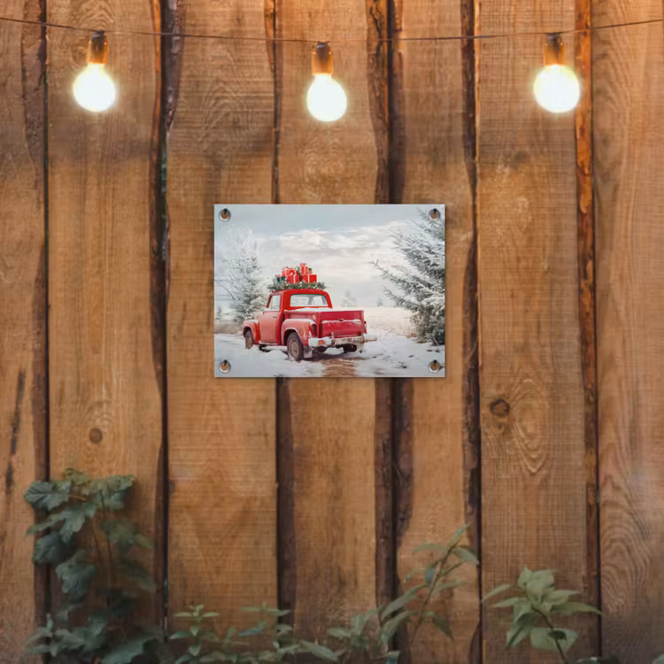 Auto - Rood - Cadeaus - Winter - Sneeuw - Kerst tuinposter los doek klein -sfeer1