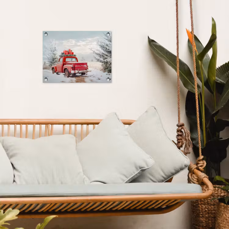 Auto - Rood - Cadeaus - Winter - Sneeuw - Kerst tuinposter los doek klein -sfeer7