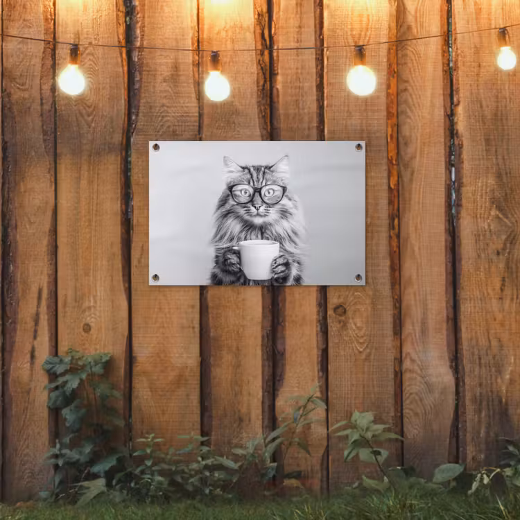 Kat - Bril - Mok - Pluizig tuinposter los doek klein -sfeer1