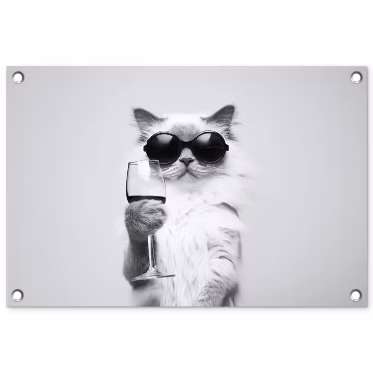 Kat - Zonnebril - Wijnglas - Langharig tuinposter los doek klein -3d