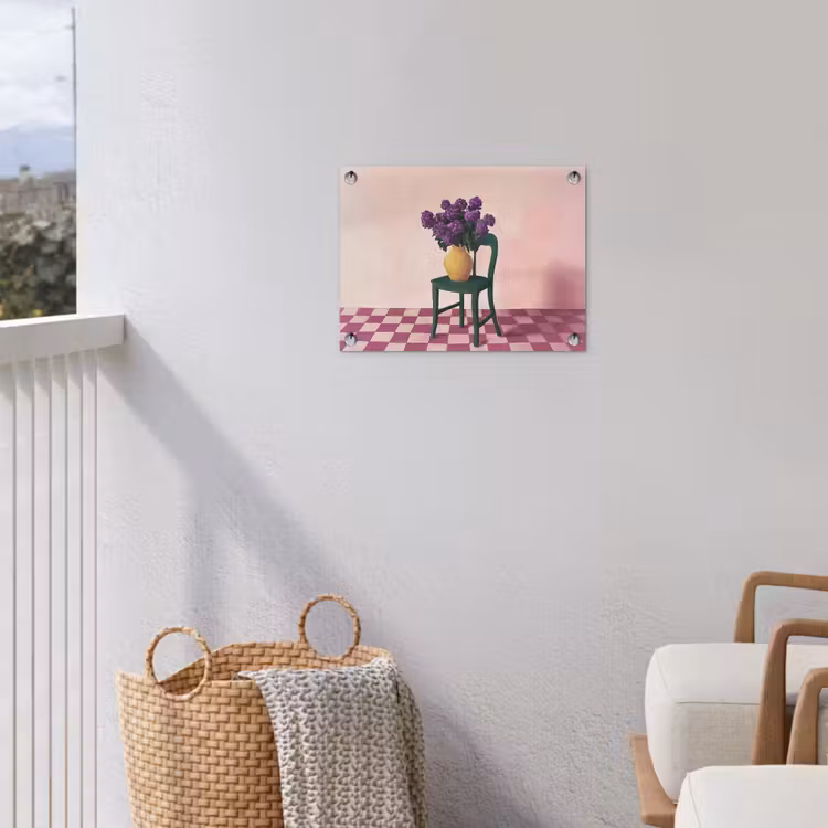 Stoel - Vaas - Bloemen - Geblokt tuinposter los doek klein -sfeer8