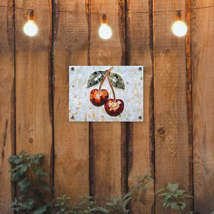 Kersen - Rood - Mozaïek - Blaadjes tuinposter los doek klein -sfeer1