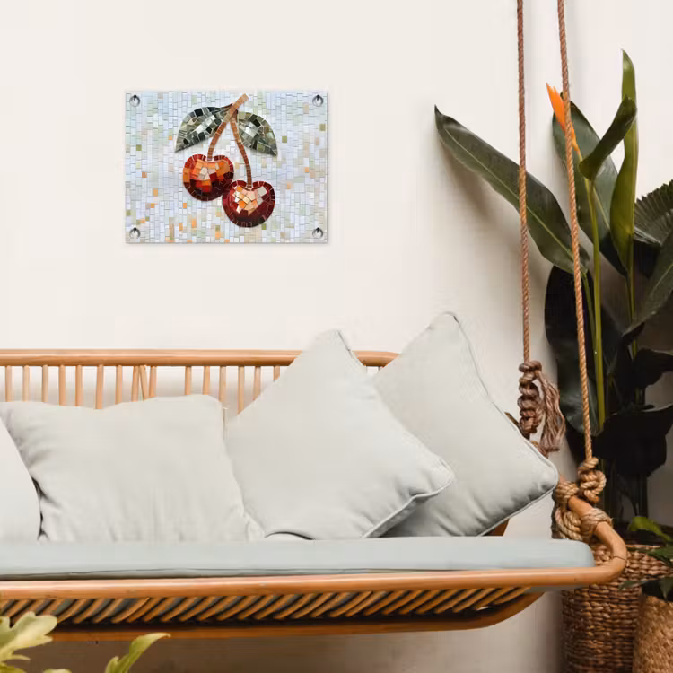 Kersen - Rood - Mozaïek - Blaadjes tuinposter los doek klein -sfeer7