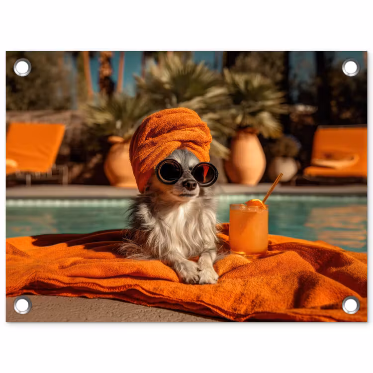Chihuahua - Handdoek - Zonnebril - Oranje tuinposter los doek klein -3d