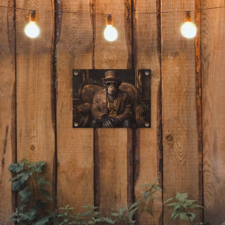 Chimpansee - Stoel - Pak - Bruin tuinposter los doek klein -sfeer1
