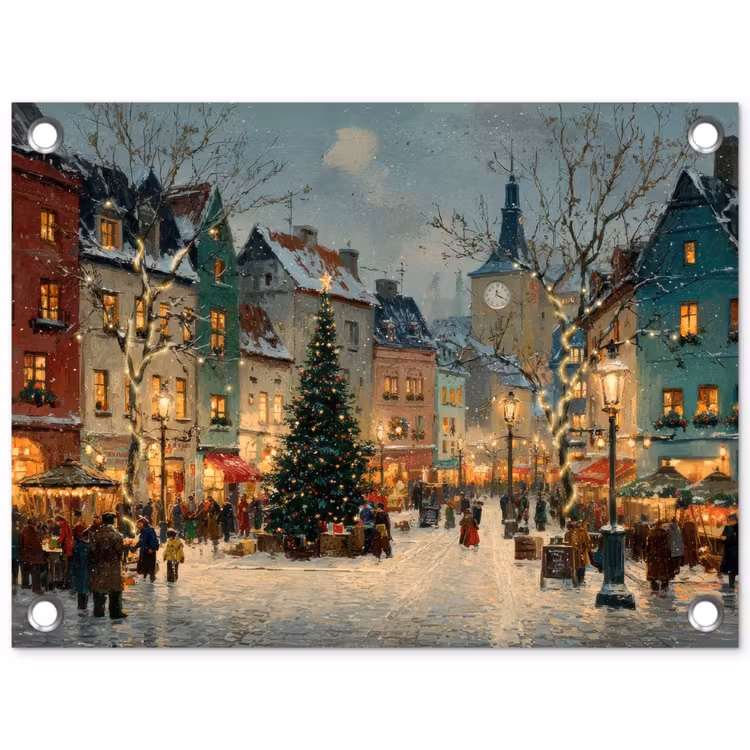 Kerstsfeer - Stadsplein - Kleurrijk tuinposter los doek klein -3d