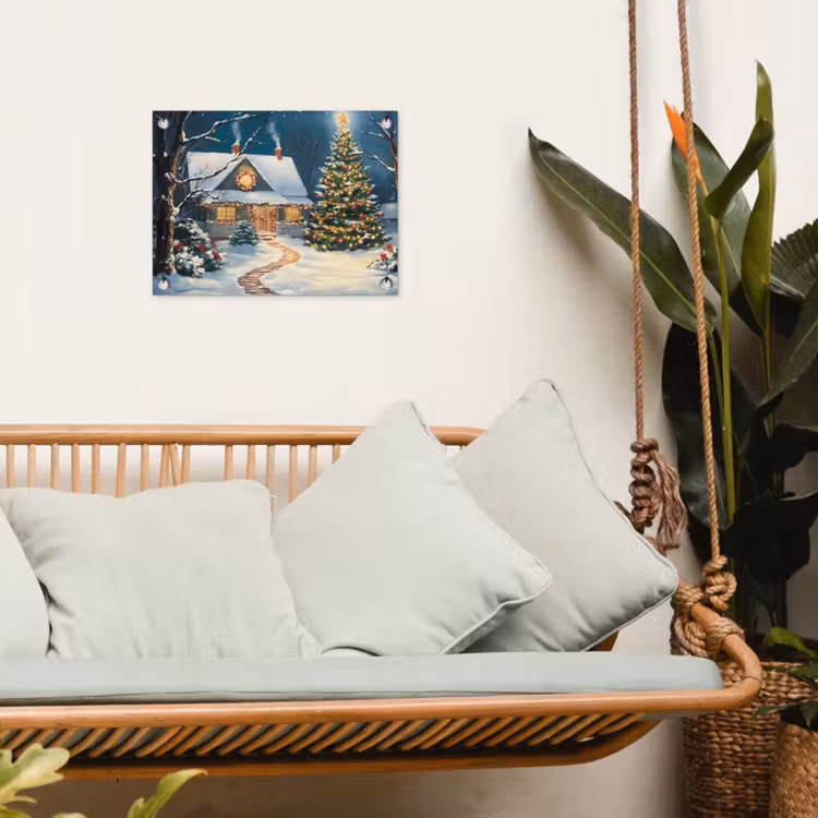 Kerst - Kerstboom - Winter - Huis - Sneeuw tuinposter los doek klein -sfeer7