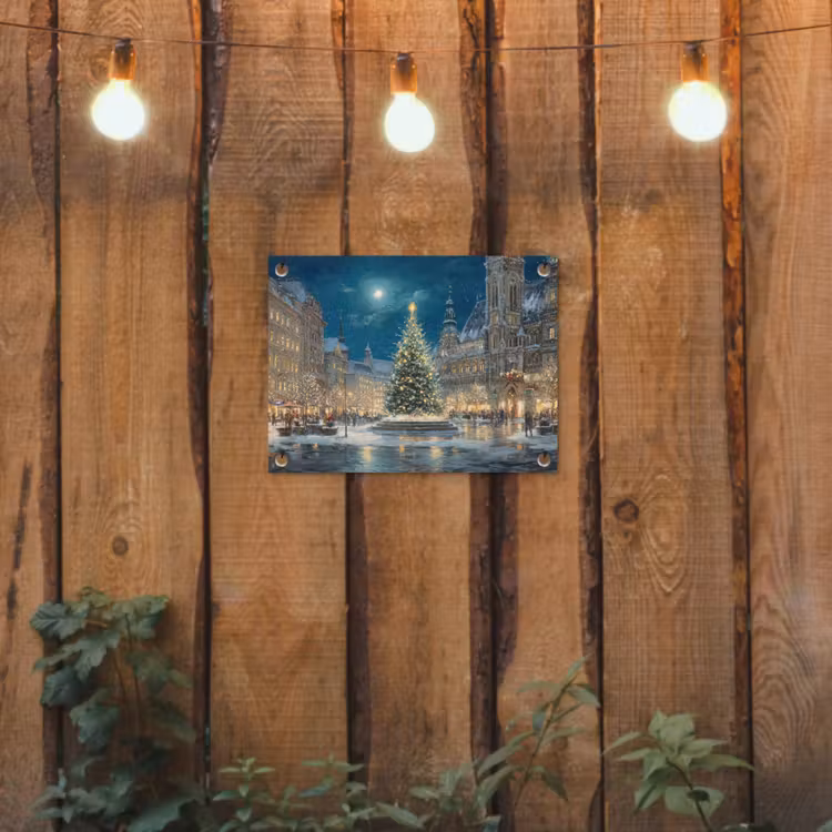 Kerstnacht - Stadsplein - Meerkleurig tuinposter los doek klein -sfeer1