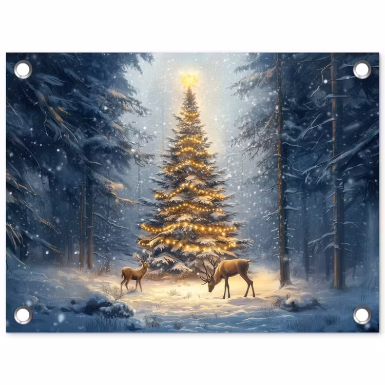 Kerstlicht - Woud - Hert - Donker tuinposter los doek klein -3d
