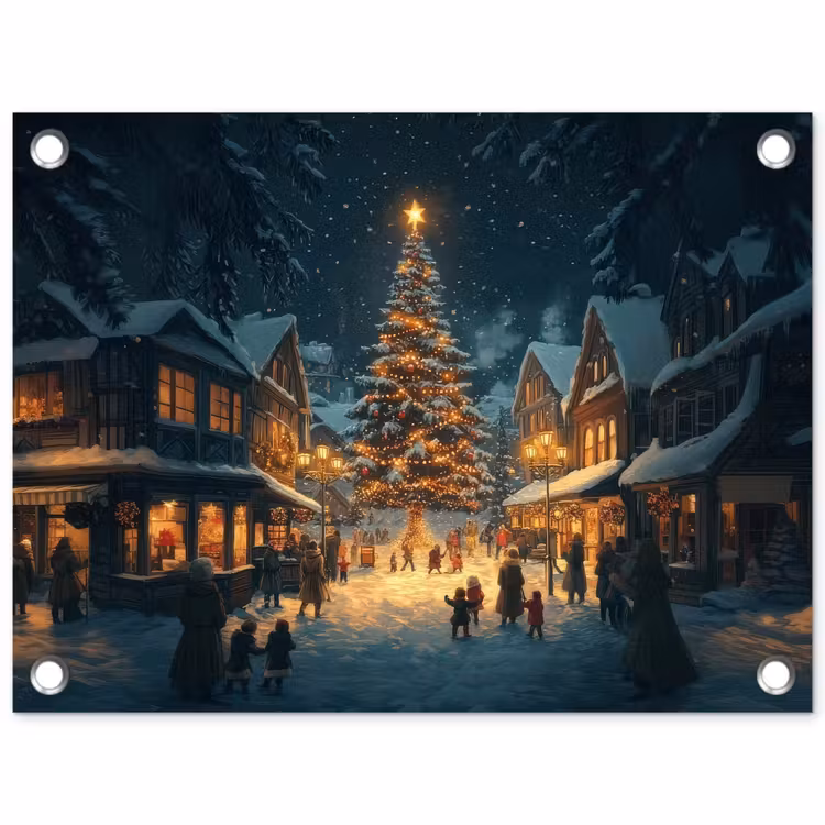 Kerstfeest - Dorp - Donker tuinposter los doek klein -3d