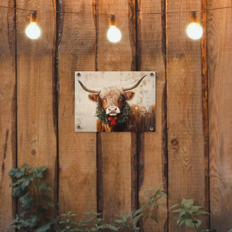 Kerst - Schotse Hooglander - Bruin - Krans tuinposter los doek klein -sfeer1