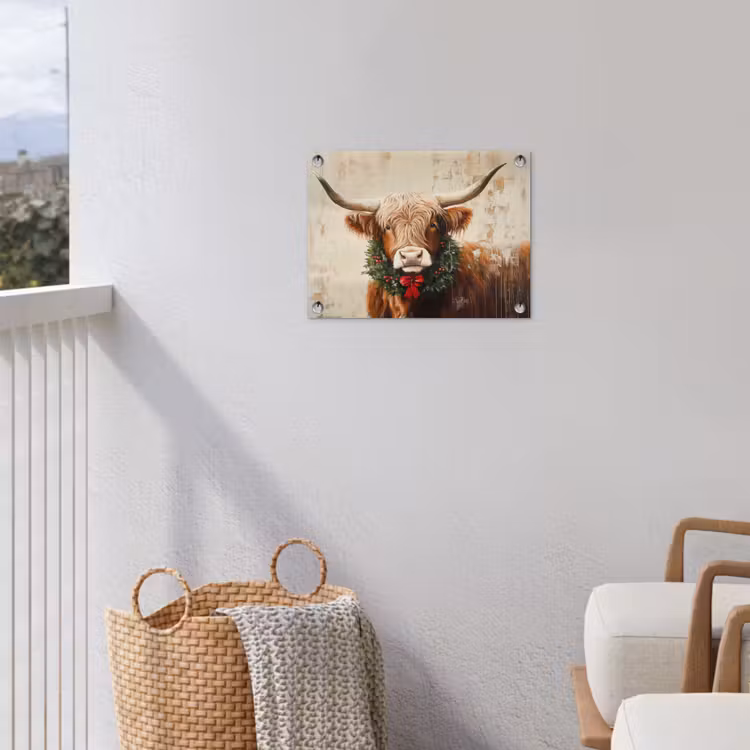 Kerst - Schotse Hooglander - Bruin - Krans tuinposter los doek klein -sfeer8