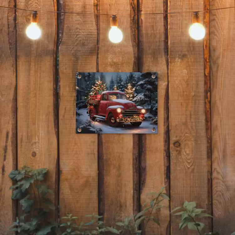 Kersttruck - Sneeuwbos - Rood tuinposter los doek klein -sfeer1