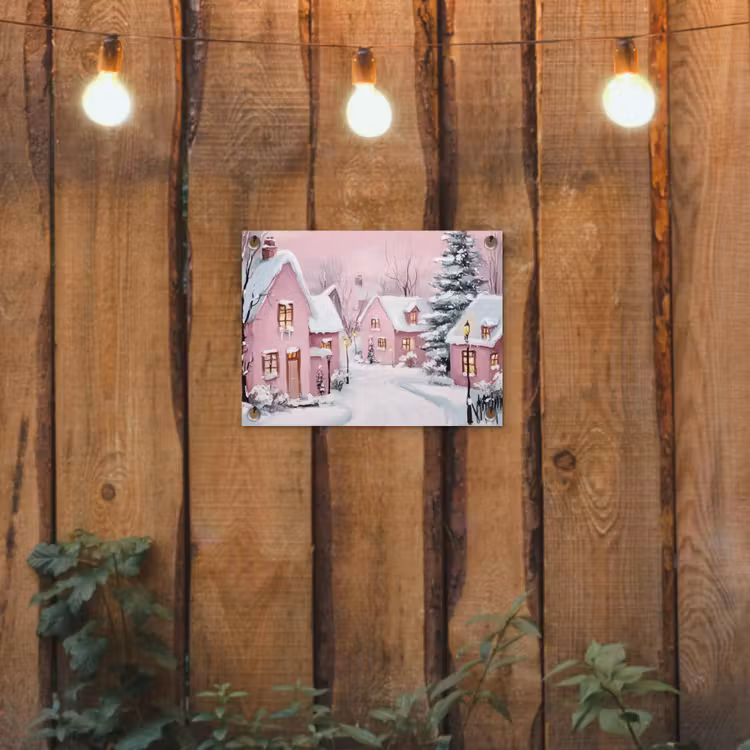 Kerstdorp - Roze - Winter - Sneeuw - Huizen tuinposter los doek klein -sfeer1