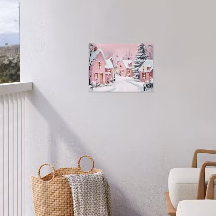 Kerstdorp - Roze - Winter - Sneeuw - Huizen tuinposter los doek klein -sfeer8