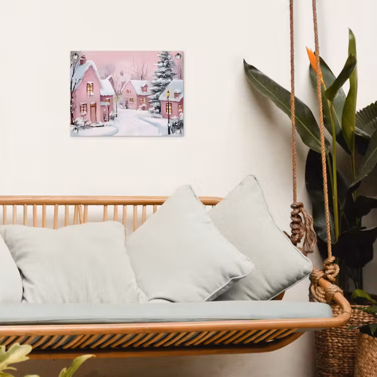 Kerstdorp - Roze - Winter - Sneeuw - Huizen tuinposter los doek klein -sfeer7