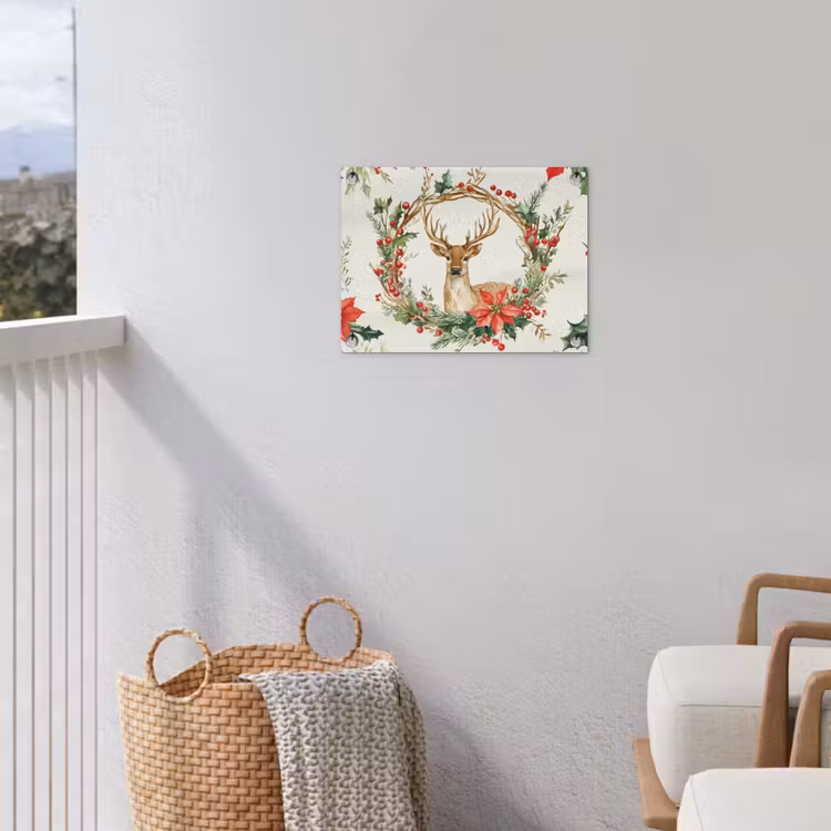 Kerstkrans - Hert - Hulst - Rood tuinposter los doek klein -sfeer8