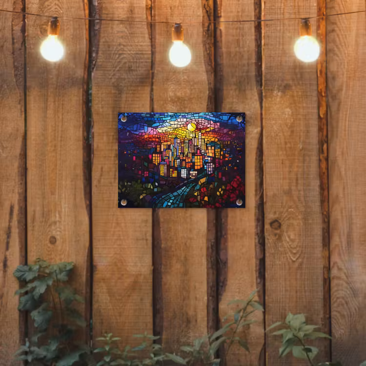 Stad - Maan - Mozaïek - Kleurrijk tuinposter los doek klein -sfeer1
