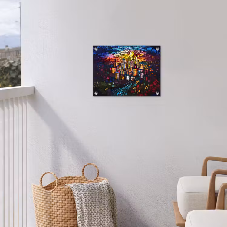 Stad - Maan - Mozaïek - Kleurrijk tuinposter los doek klein -sfeer8