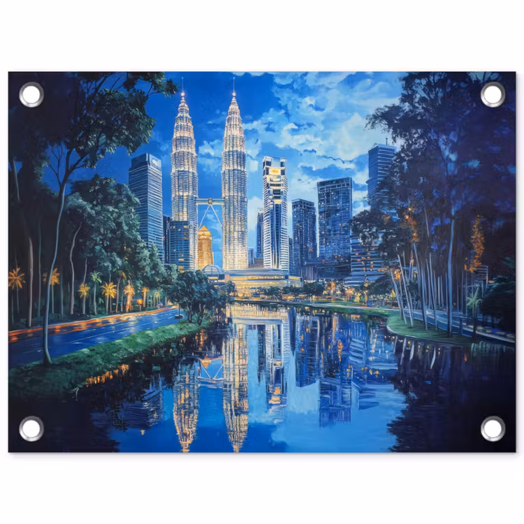 Stad Kuala Lumpur - Skyline - Wolkenkrabbers - Water tuinposter los doek klein -3d
