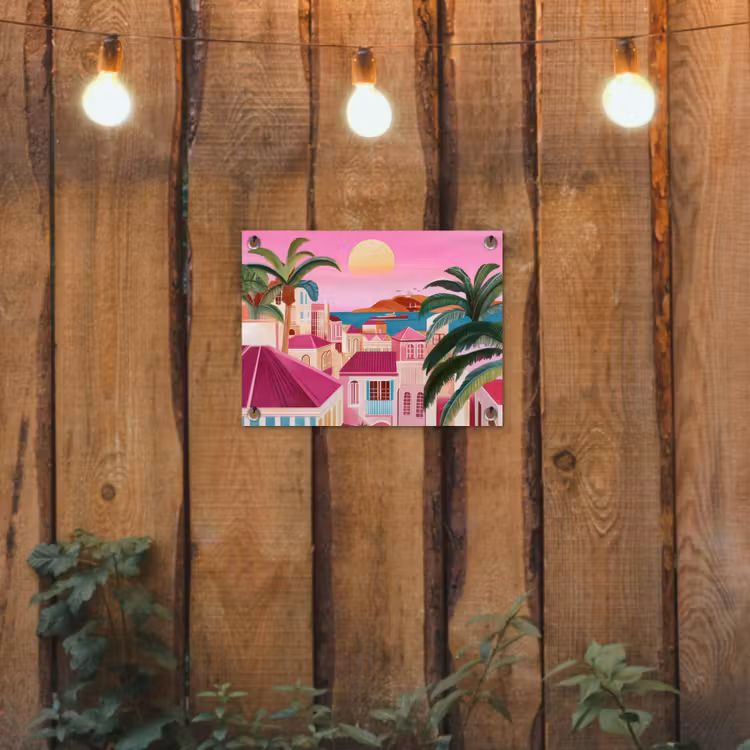Stad - Roze - Palmbomen tuinposter los doek klein -sfeer1