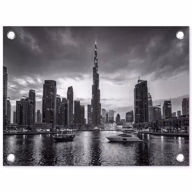 Stad - Skyline - Architectuur - Avond - Zwart-wit tuinposter los doek klein -3d