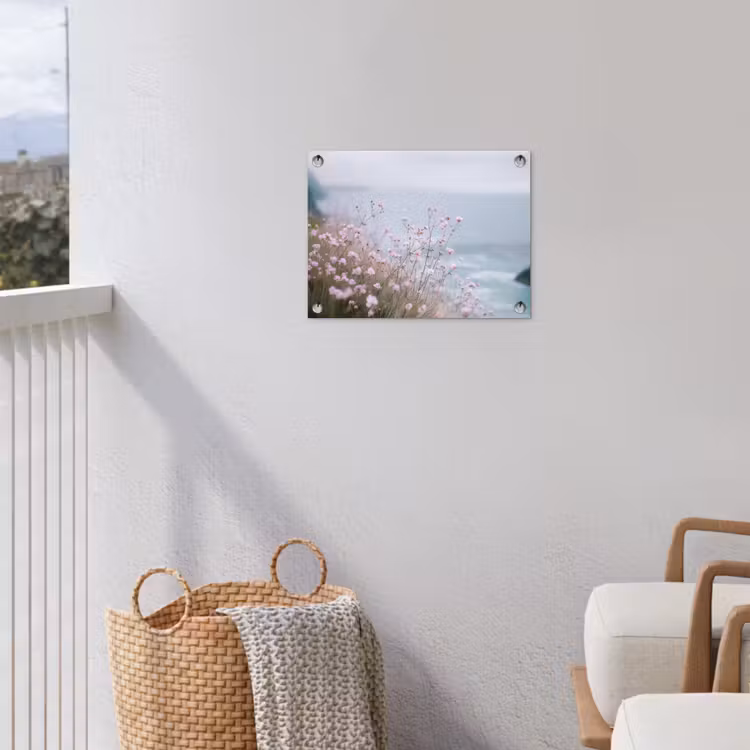 Klif - Bloemen - Zee - Roze tuinposter los doek klein -sfeer8