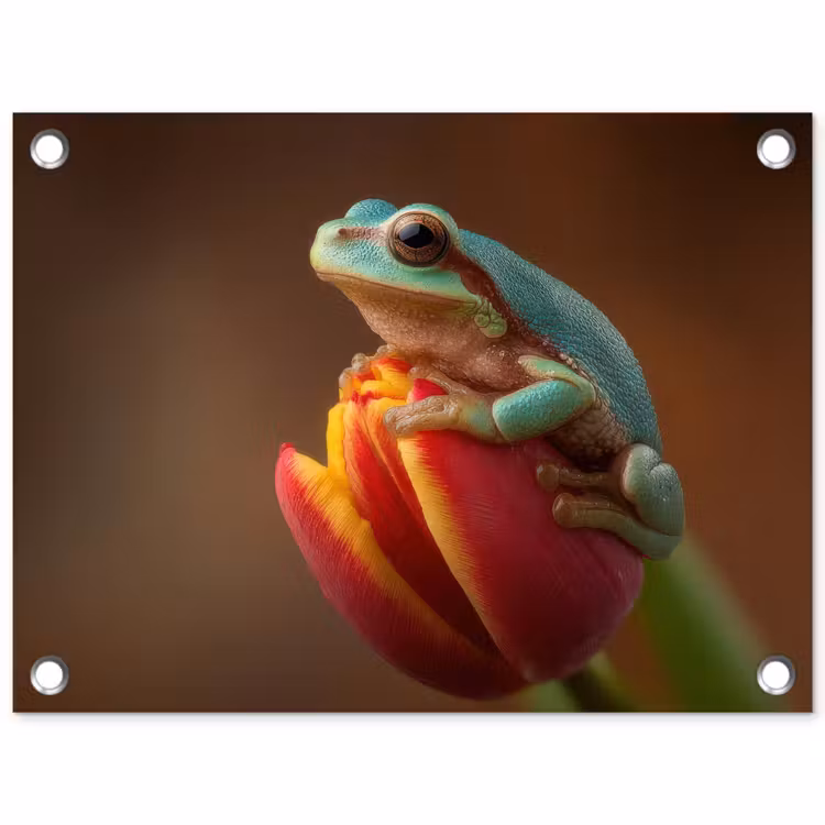 Close-up - Kikker - Tulp - Rood tuinposter los doek klein -3d