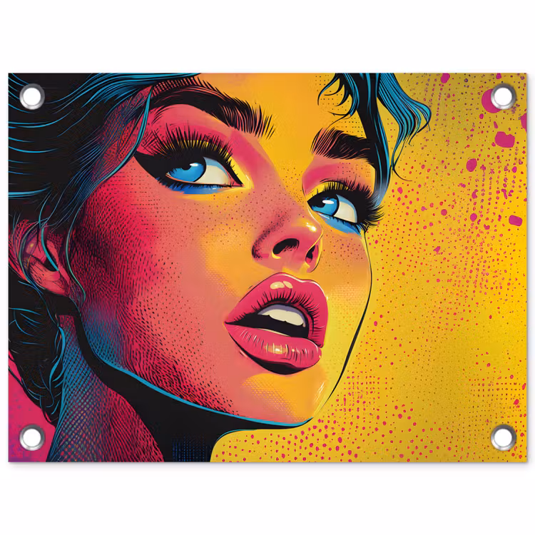 Close-up - Vrouwengezicht - Stippen - Geel tuinposter los doek klein -3d