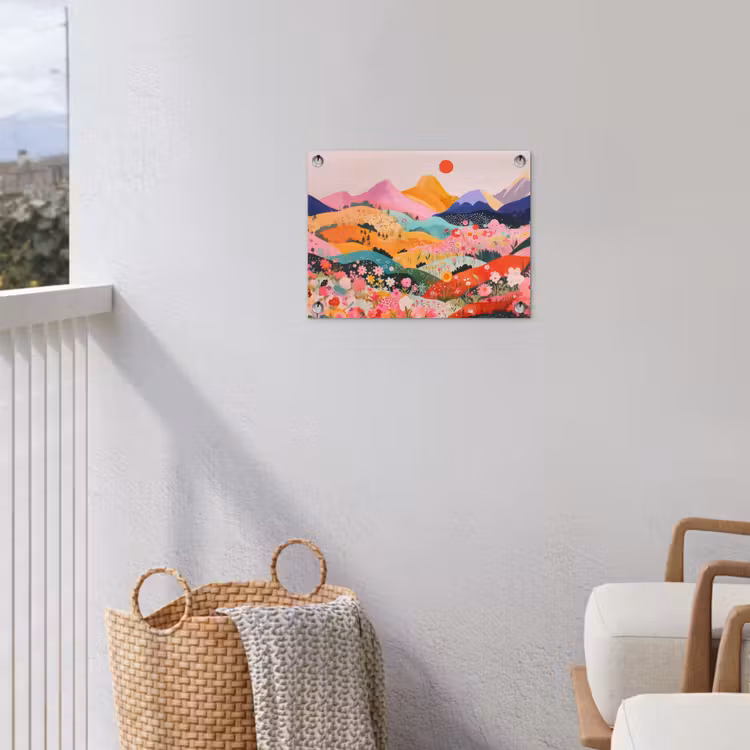 Kleurrijke bloemen - Bergen - Fantasielandschap tuinposter los doek klein -sfeer8