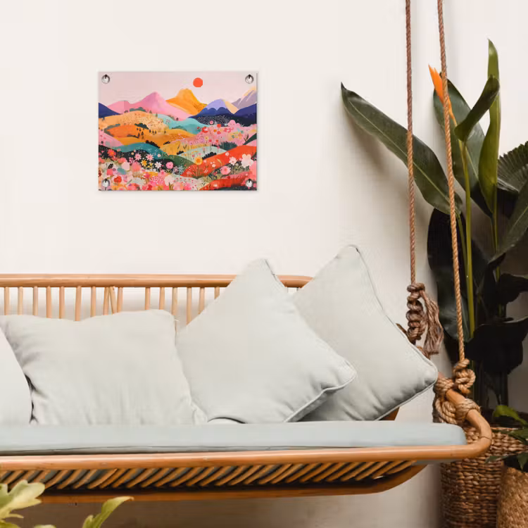 Kleurrijke bloemen - Bergen - Fantasielandschap tuinposter los doek klein -sfeer7