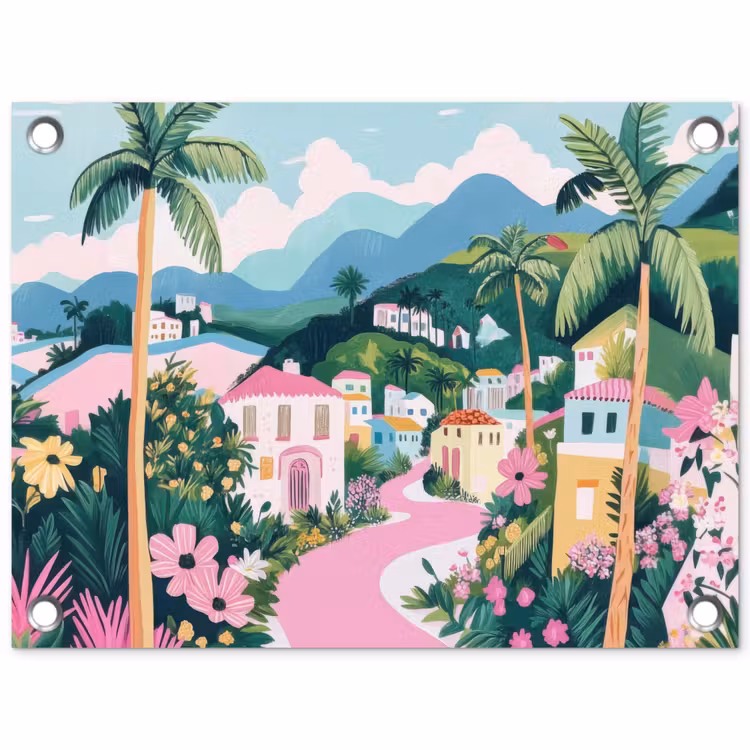 Kleurrijk - Huizen - Heuvels - Roze tuinposter los doek klein -3d