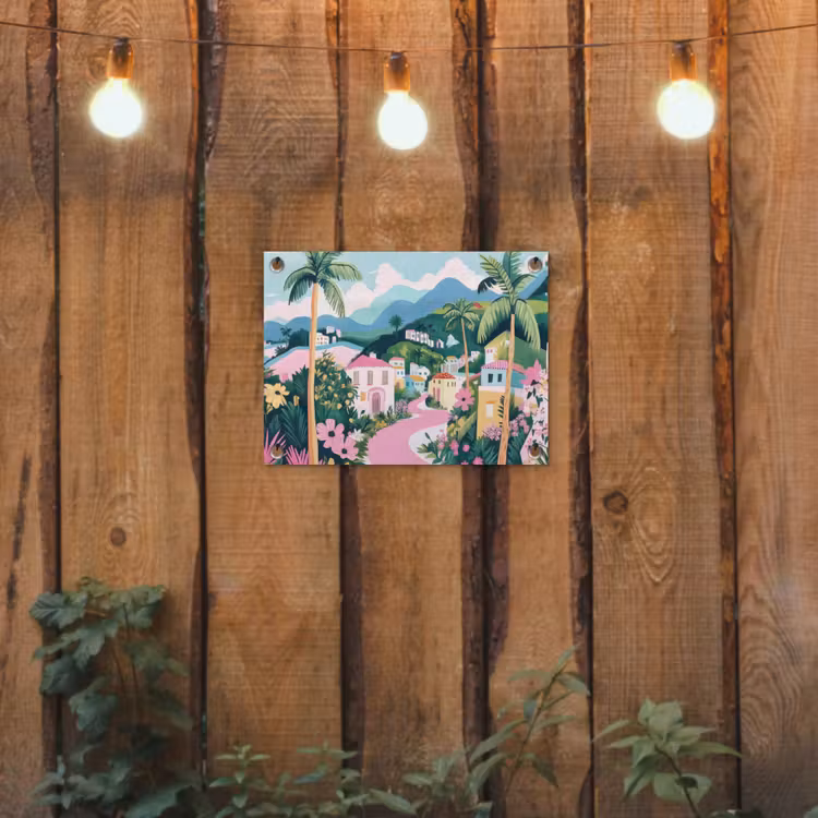 Kleurrijk - Huizen - Heuvels - Roze tuinposter los doek klein -sfeer1