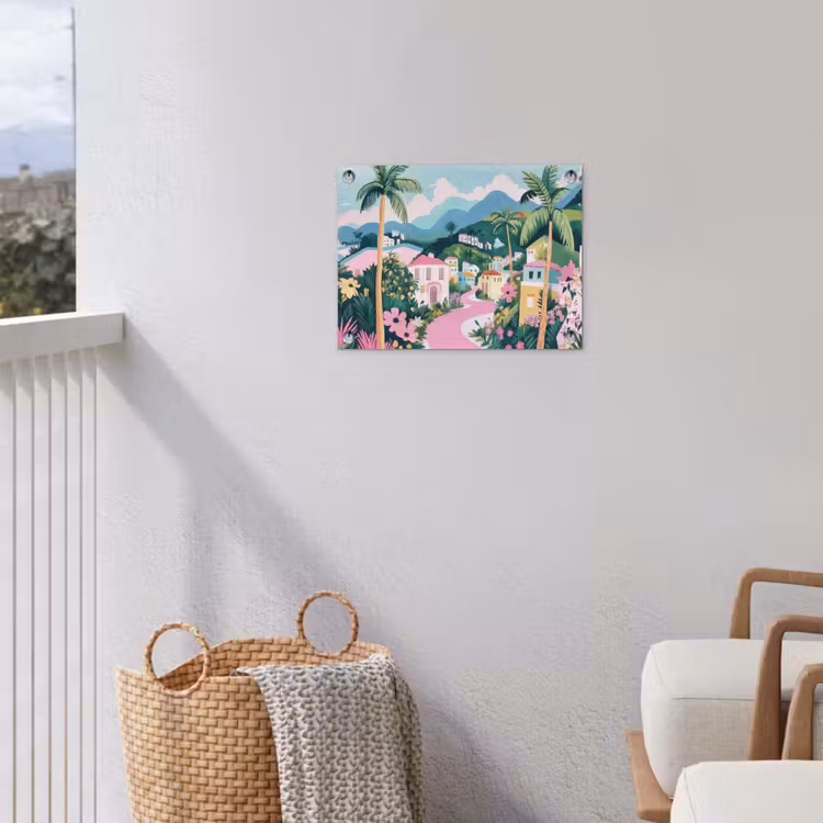 Kleurrijk - Huizen - Heuvels - Roze tuinposter los doek klein -sfeer8