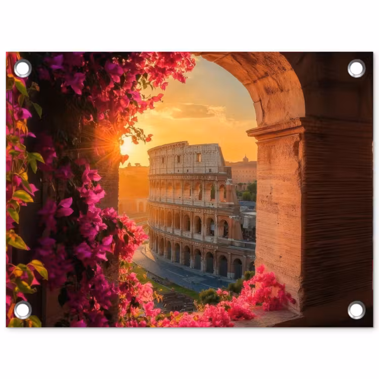 Colosseum - Rome - Roze Bloemen tuinposter los doek klein -3d
