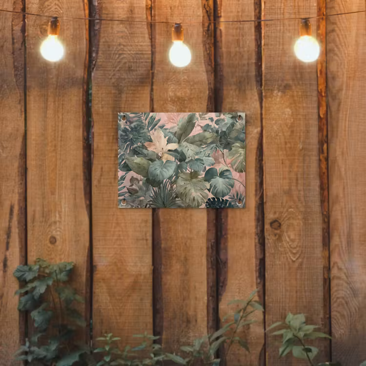 Compositie van bladeren - Groen - Roze tuinposter los doek klein -sfeer1