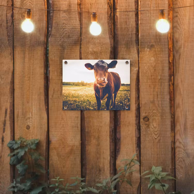 Koe bij zonsondergang op een veld vol paardenbloemen tuinposter los doek klein -sfeer1