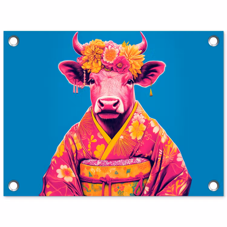 Koe - Bloemenkrans - Oorhangers - Kimono tuinposter los doek klein -3d